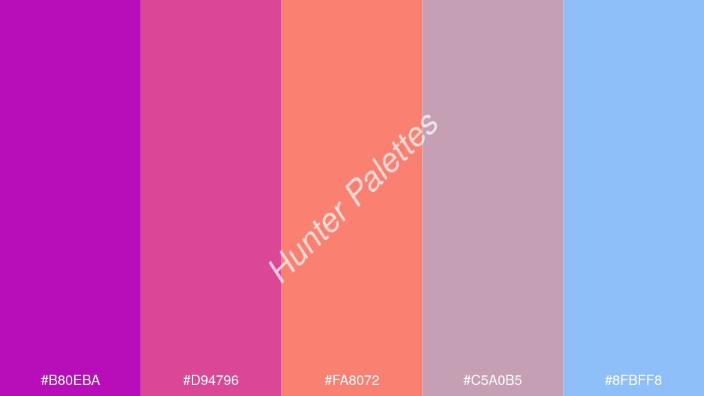 lazac szín palettája a következőkkel: #b80eba #d94796 #fa8072 #c5a0b5 #8fbff8