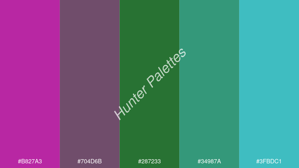 smaragdzöld szín palettája a következőkkel: #b827a3 #704d6b #287233 #34987a #3fbdc1