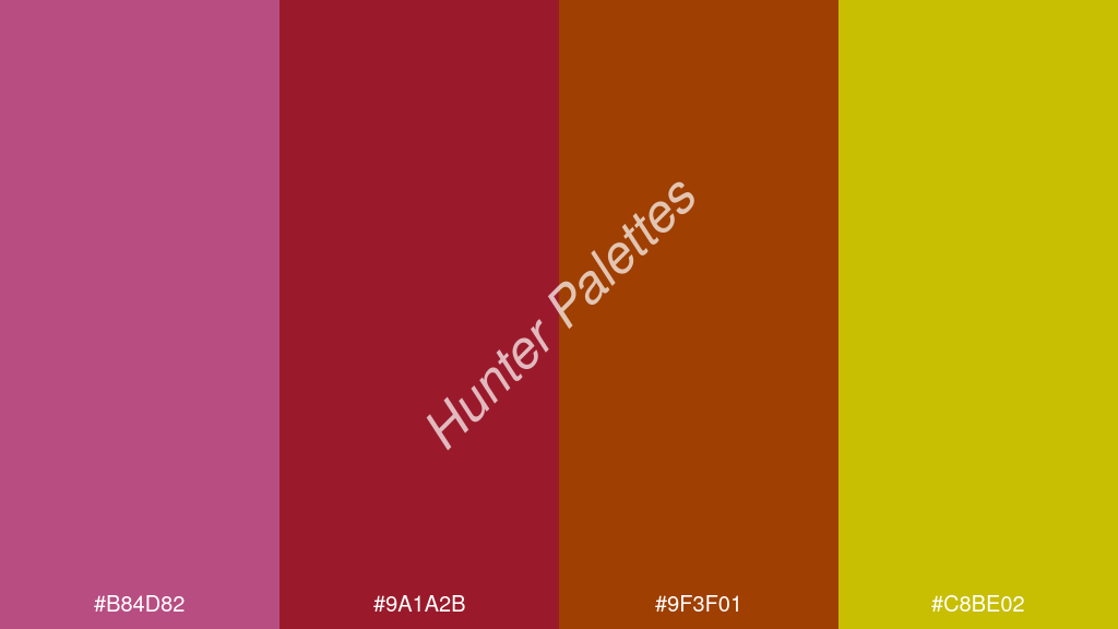 sötétvörös szín palettája a következőkkel: #b84d82 #9a1a2b #9f3f01 #c8be02
