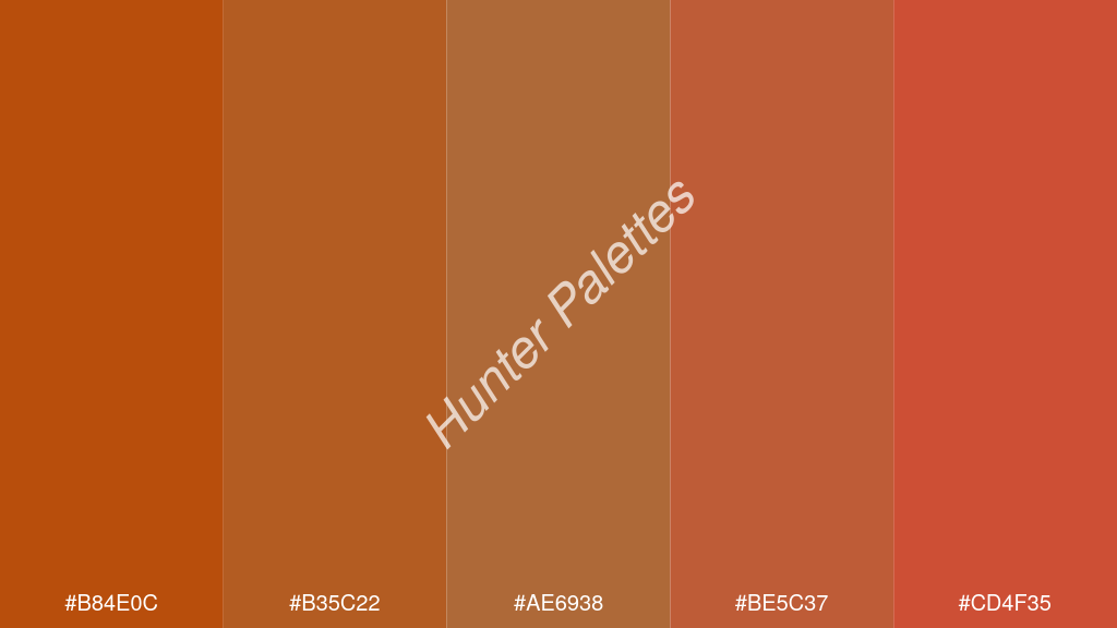 karamell szín palettája a következőkkel: #b84e0c #b35c22 #ae6938 #be5c37 #cd4f35