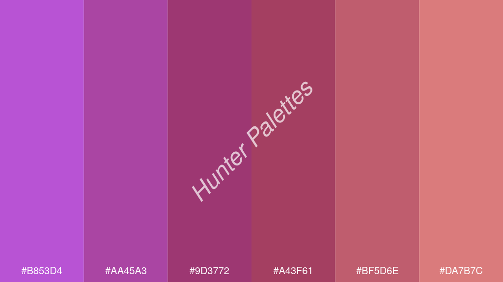 bordó szín palettája a következőkkel: #b853d4 #aa45a3 #9d3772 #a43f61 #bf5d6e #da7b7c