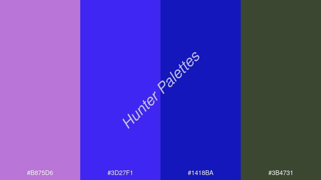 kék szín palettája a következőkkel: #b875d6 #3d27f1 #1418ba #3b4731
