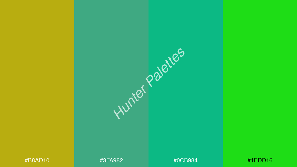 akvamarin kék szín palettája a következőkkel: #b8ad10 #3fa982 #0cb984 #1edd16