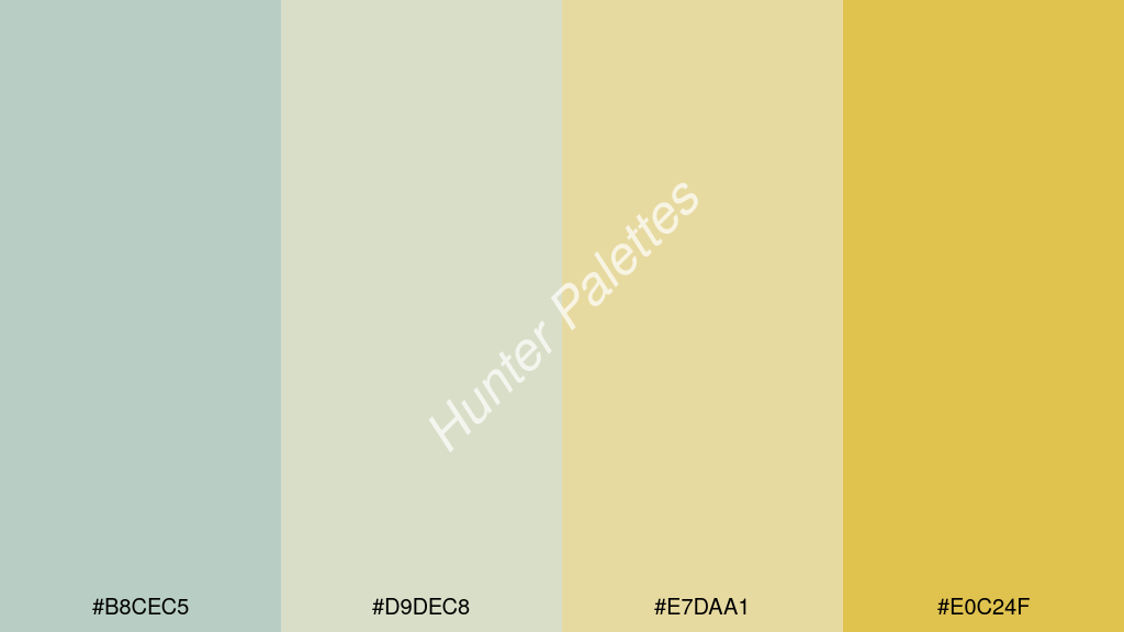 gyöngyház fehér szín palettája a következőkkel: #b8cec5 #d9dec8 #e7daa1 #e0c24f