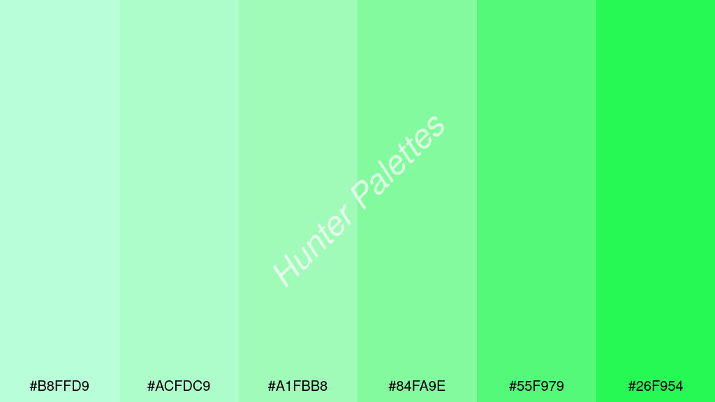 menta szín palettája a következőkkel: #b8ffd9 #acfdc9 #a1fbb8 #84fa9e #55f979 #26f954