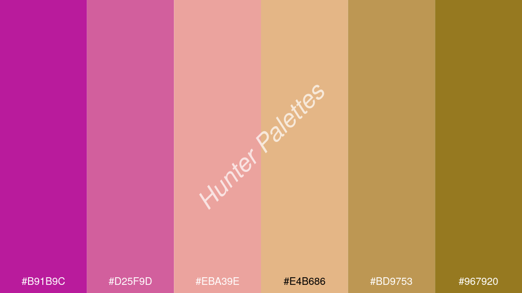 őszibarack szín palettája a következőkkel: #b91b9c #d25f9d #eba39e #e4b686 #bd9753 #967920