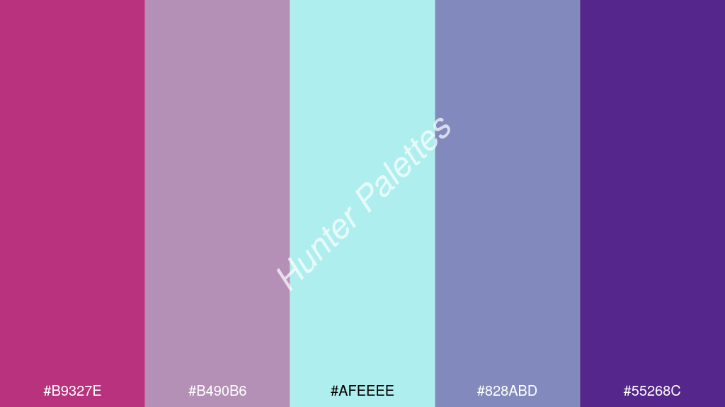 halvány türkiz szín palettája a következőkkel: #b9327e #b490b6 #afeeee #828abd #55268c
