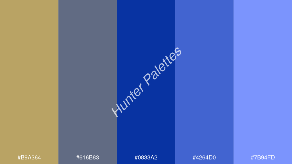 királykék szín palettája a következőkkel: #b9a364 #616b83 #0833a2 #4264d0 #7b94fd