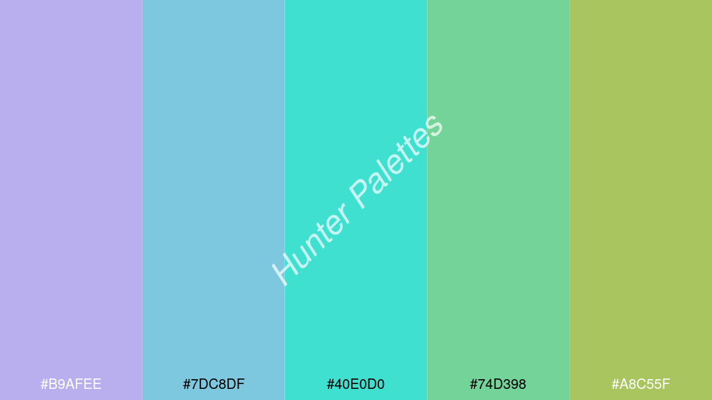 türkiz szín palettája a következőkkel: #b9afee #7dc8df #40e0d0 #74d398 #a8c55f