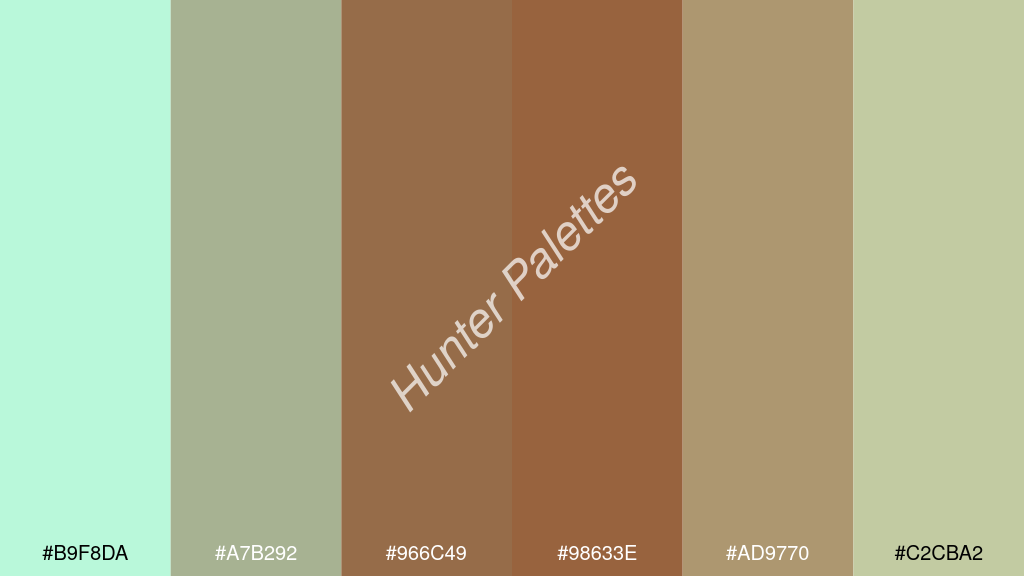 barna szín palettája a következőkkel: #b9f8da #a7b292 #966c49 #98633e #ad9770 #c2cba2