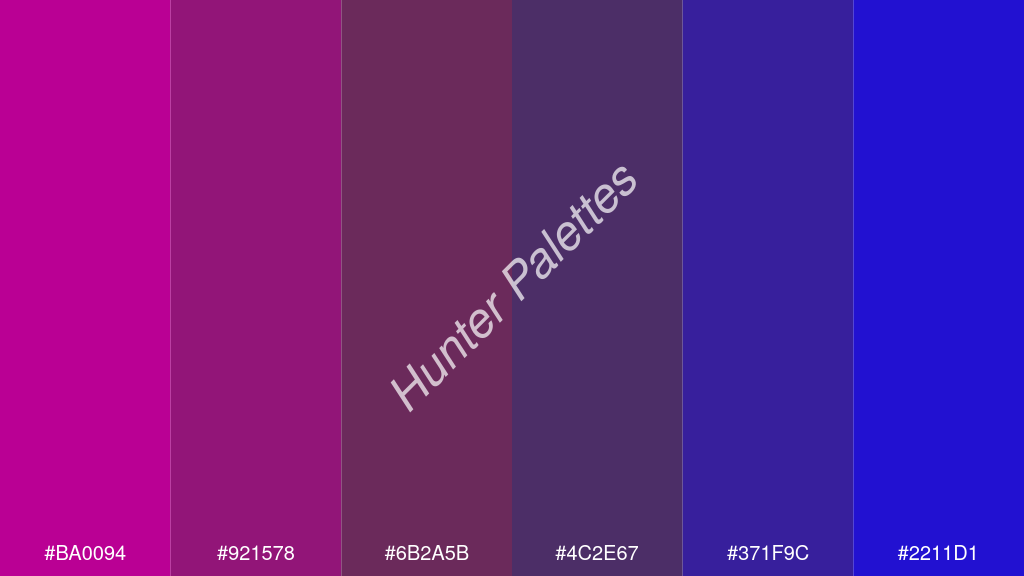 szilva szín palettája a következőkkel: #ba0094 #921578 #6b2a5b #4c2e67 #371f9c #2211d1
