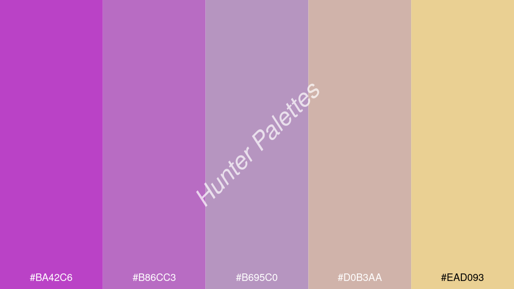 orgona szín palettája a következőkkel: #ba42c6 #b86cc3 #b695c0 #d0b3aa #ead093