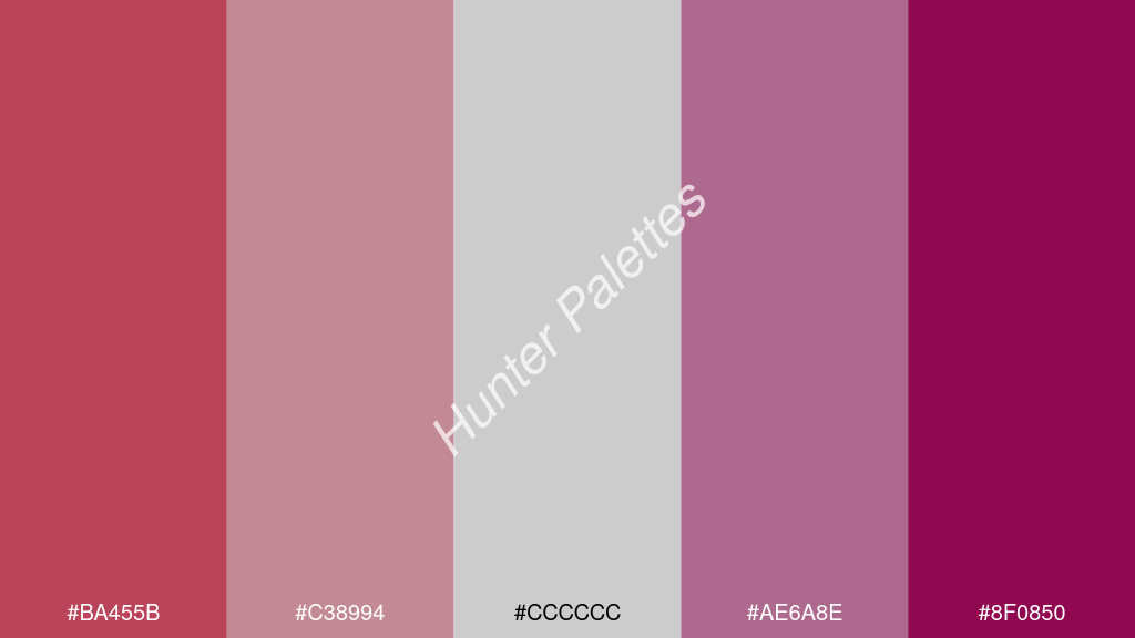 cccccc szín palettája a következőkkel: #ba455b #c38994 #cccccc #ae6a8e #8f0850