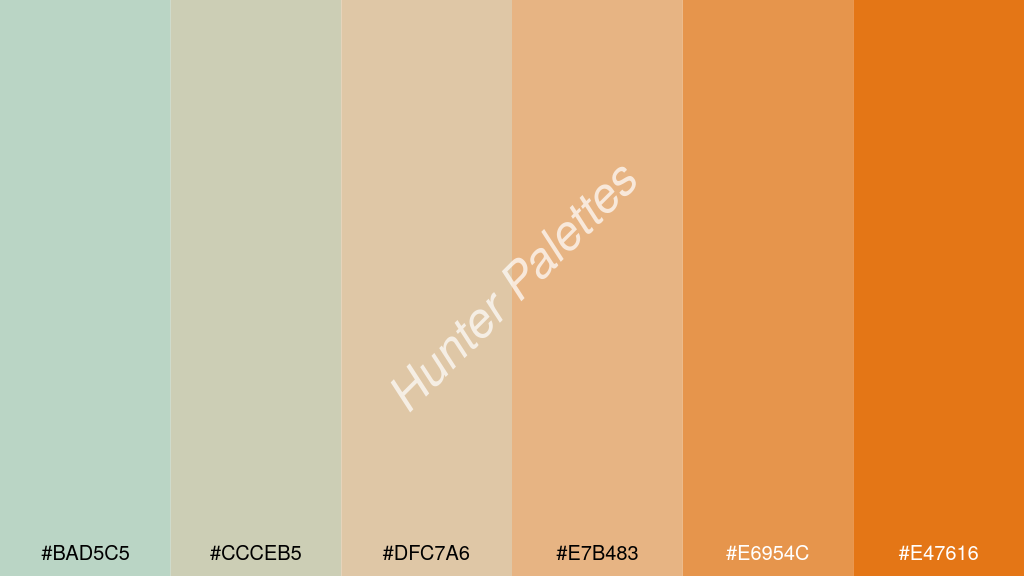 bézs szín palettája a következőkkel: #bad5c5 #ccceb5 #dfc7a6 #e7b483 #e6954c #e47616