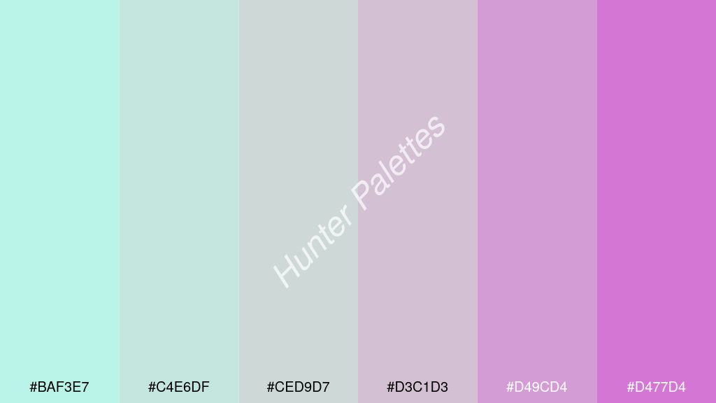 világos szürke szín palettája a következőkkel: #baf3e7 #c4e6df #ced9d7 #d3c1d3 #d49cd4 #d477d4