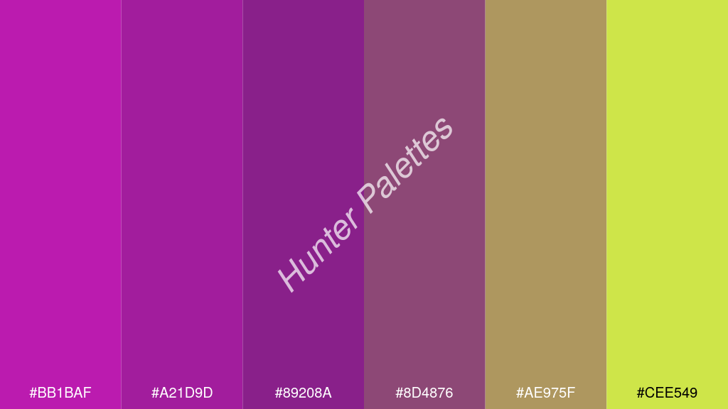 lila szín palettája a következőkkel: #bb1baf #a21d9d #89208a #8d4876 #ae975f #cee549