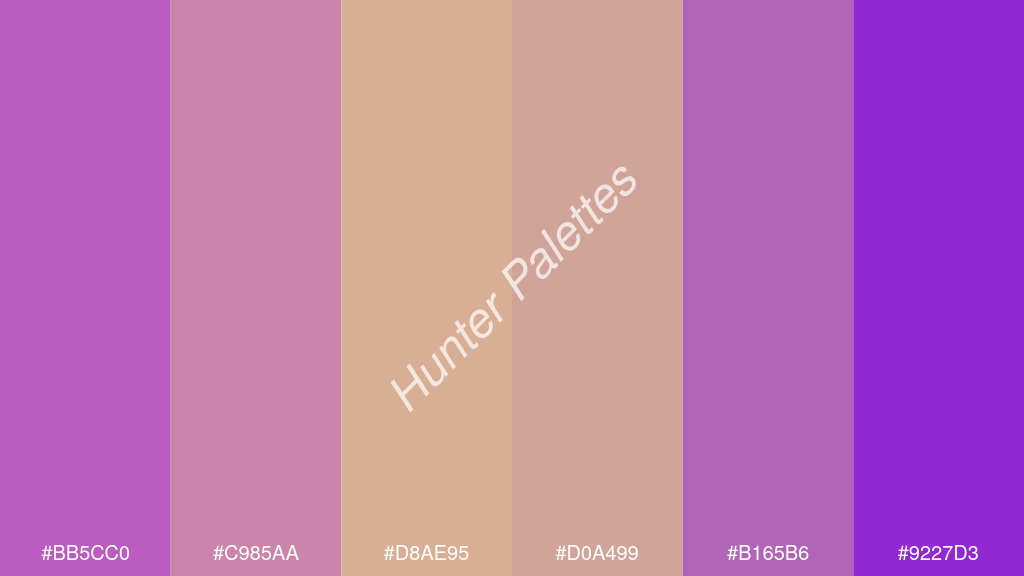 khaki szín palettája a következőkkel: #bb5cc0 #c985aa #d8ae95 #d0a499 #b165b6 #9227d3