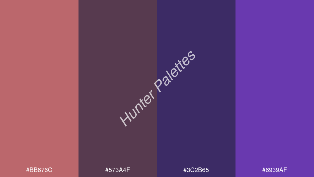 tengerészkék szín palettája a következőkkel: #bb676c #573a4f #3c2b65 #6939af
