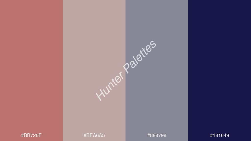 ezüstszürke szín palettája a következőkkel: #bb726f #bea6a5 #888798 #181649