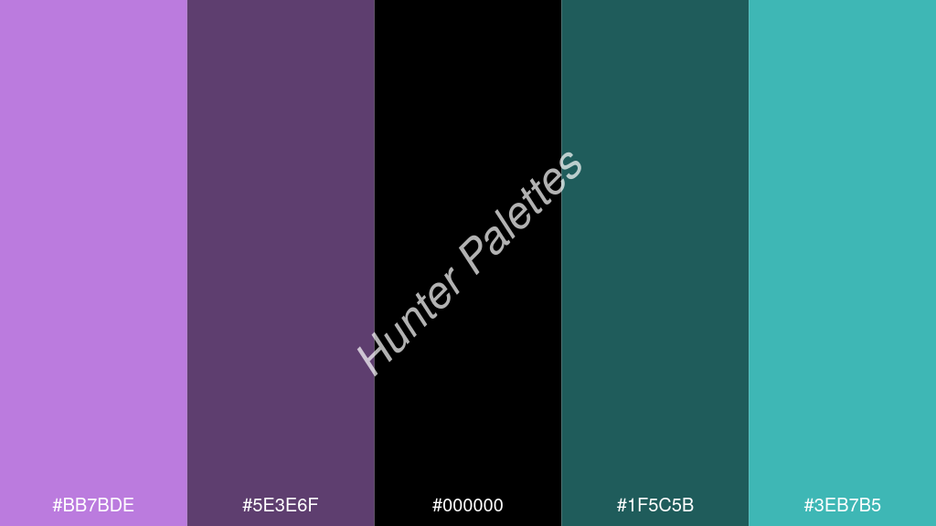 fekete szín palettája a következőkkel: #bb7bde #5e3e6f #000000 #1f5c5b #3eb7b5