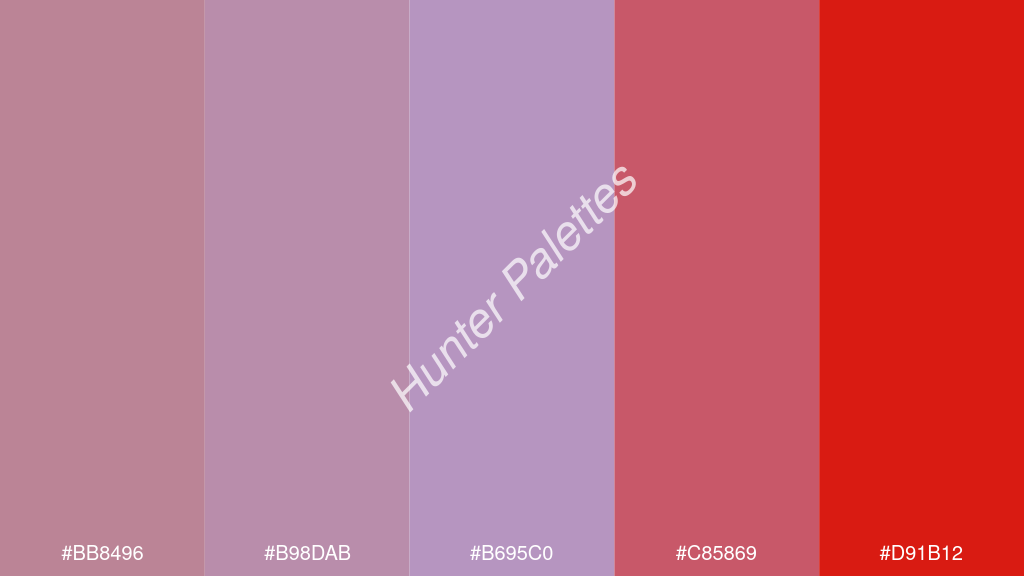 orgona szín palettája a következőkkel: #bb8496 #b98dab #b695c0 #c85869 #d91b12