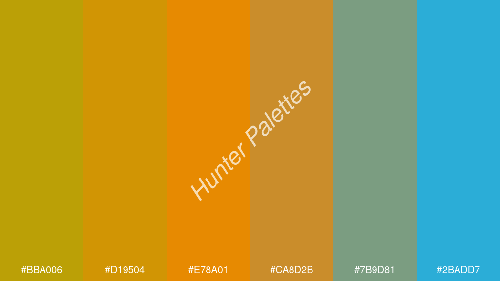 mandarin szín palettája a következőkkel: #bba006 #d19504 #e78a01 #ca8d2b #7b9d81 #2badd7