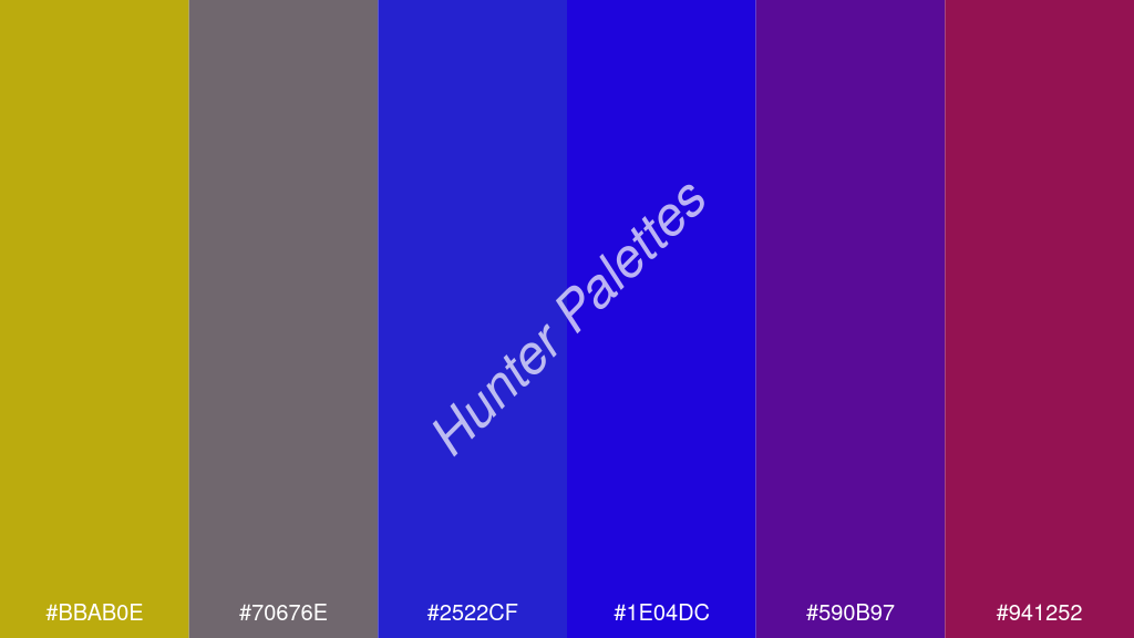 kék szín palettája a következőkkel: #bbab0e #70676e #2522cf #1e04dc #590b97 #941252