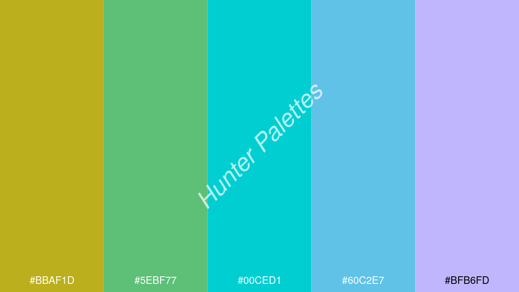 sötét türkiz szín palettája a következőkkel: #bbaf1d #5ebf77 #00ced1 #60c2e7 #bfb6fd