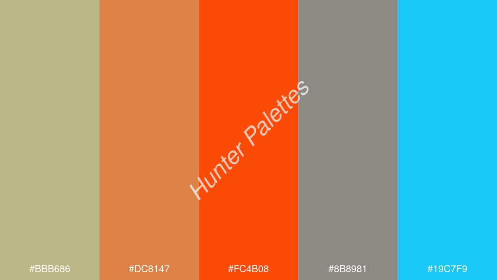 fluoreszkáló narancs szín palettája a következőkkel: #bbb686 #dc8147 #fc4b08 #8b8981 #19c7f9