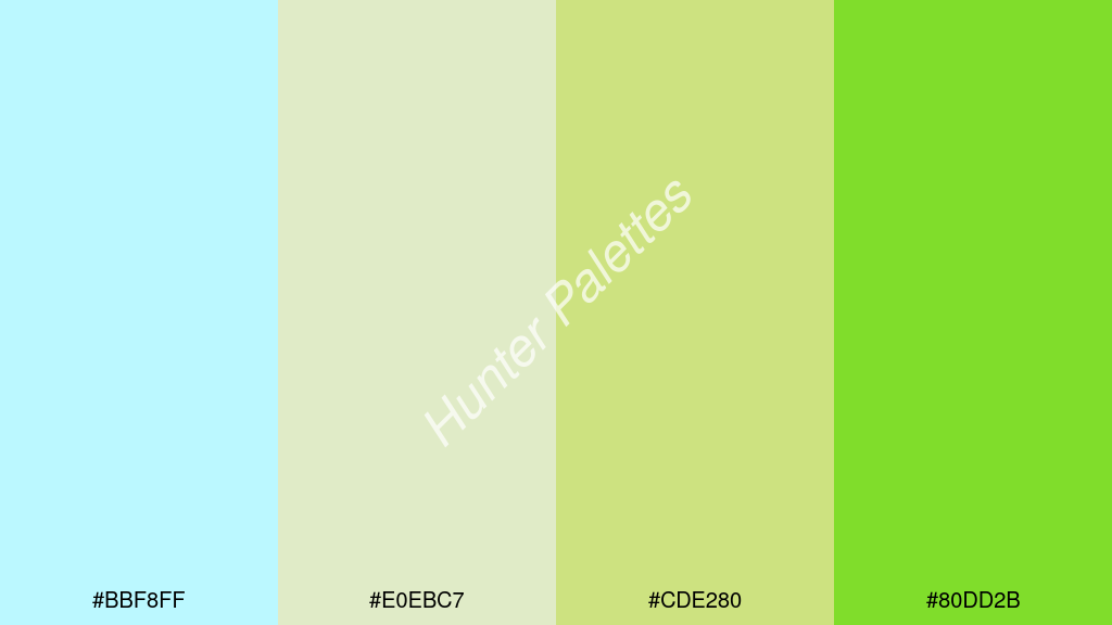 vanília szín palettája a következőkkel: #bbf8ff #e0ebc7 #cde280 #80dd2b