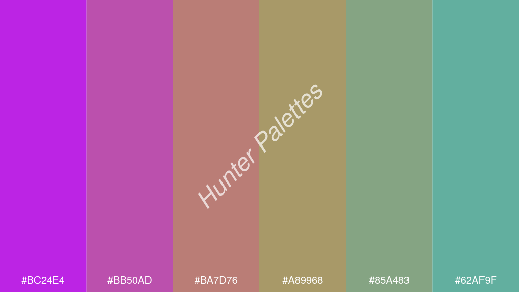 okker szín palettája a következőkkel: #bc24e4 #bb50ad #ba7d76 #a89968 #85a483 #62af9f