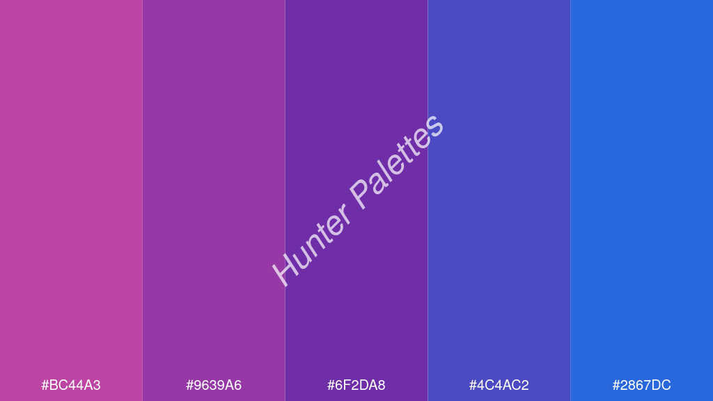 szőlő szín palettája a következőkkel: #bc44a3 #9639a6 #6f2da8 #4c4ac2 #2867dc