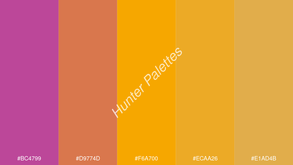 mustársárga szín palettája a következőkkel: #bc4799 #d9774d #f6a700 #ecaa26 #e1ad4b