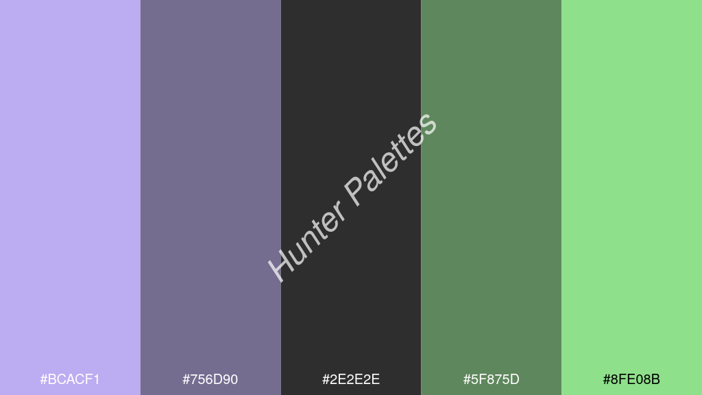 sötét szürke szín palettája a következőkkel: #bcacf1 #756d90 #2e2e2e #5f875d #8fe08b