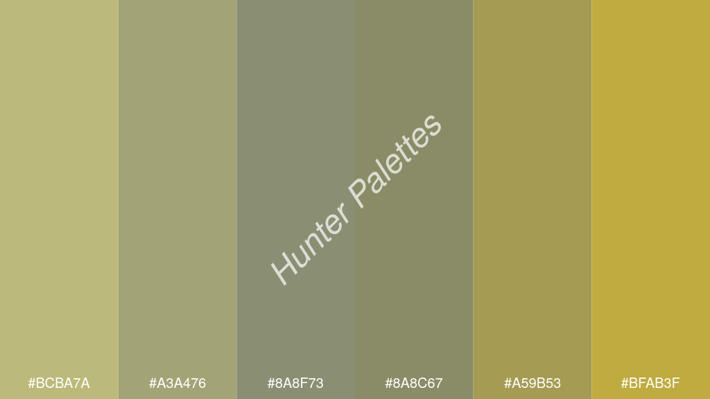 cement szürke szín palettája a következőkkel: #bcba7a #a3a476 #8a8f73 #8a8c67 #a59b53 #bfab3f