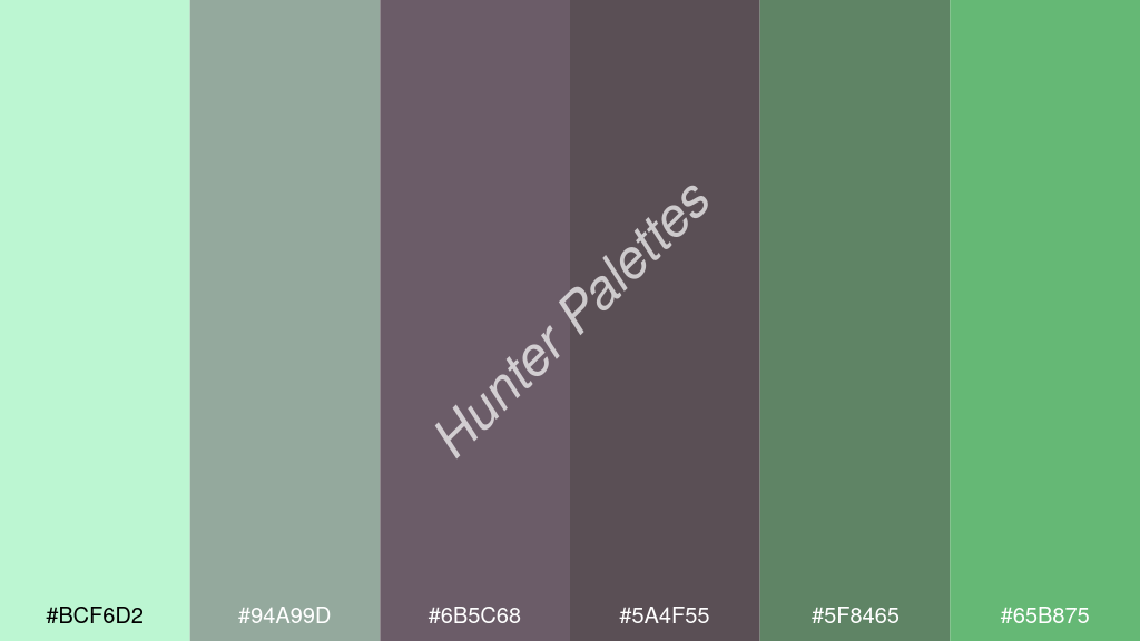 szilva szín palettája a következőkkel: #bcf6d2 #94a99d #6b5c68 #5a4f55 #5f8465 #65b875