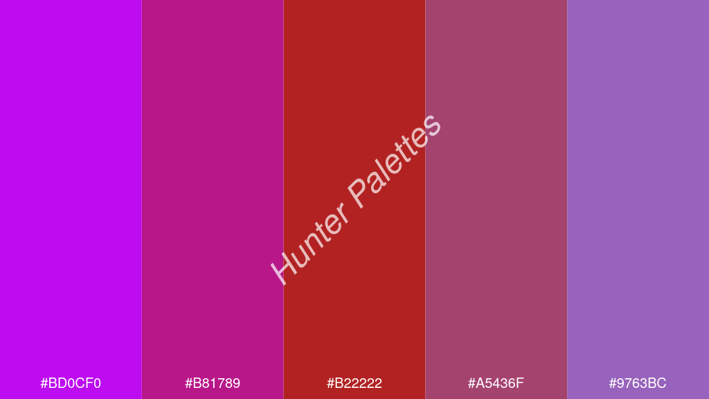 tégla szín palettája a következőkkel: #bd0cf0 #b81789 #b22222 #a5436f #9763bc