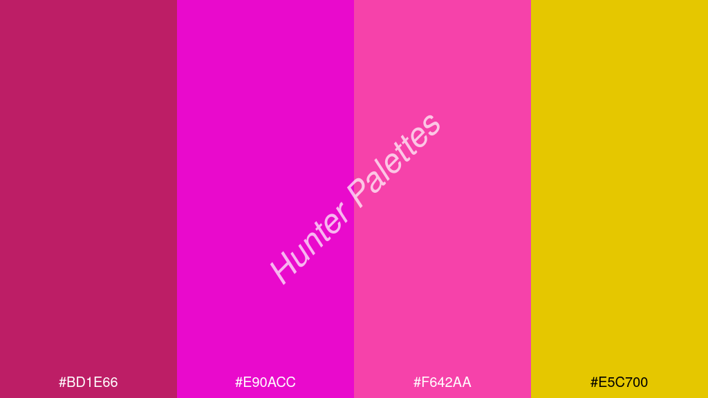 magenta szín palettája a következőkkel: #bd1e66 #e90acc #f642aa #e5c700