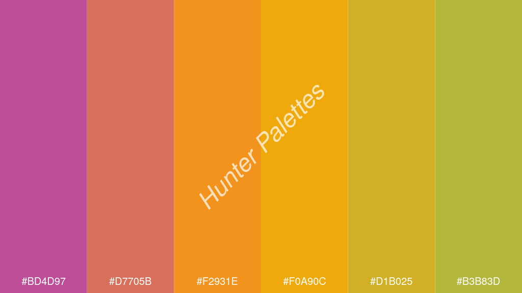 narancssárga szín palettája a következőkkel: #bd4d97 #d7705b #f2931e #f0a90c #d1b025 #b3b83d