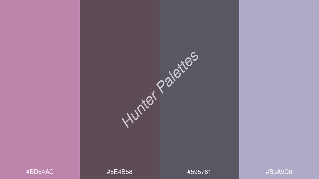 sötét szürke szín palettája a következőkkel: #bd84ac #5e4b58 #595761 #b0a9c8