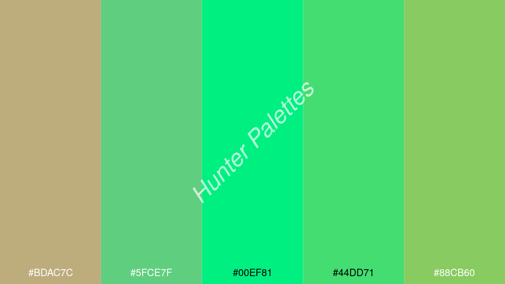 foszforeszkáló zöld szín palettája a következőkkel: #bdac7c #5fce7f #00ef81 #44dd71 #88cb60