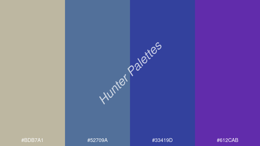 indigókék szín palettája a következőkkel: #bdb7a1 #52709a #33419d #612cab