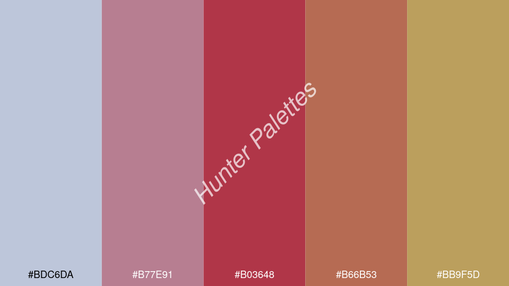 gránát szín palettája a következőkkel: #bdc6da #b77e91 #b03648 #b66b53 #bb9f5d