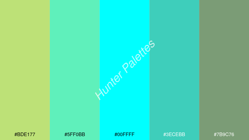cián szín palettája a következőkkel: #bde177 #5ff0bb #00ffff #3ecebb #7b9c76