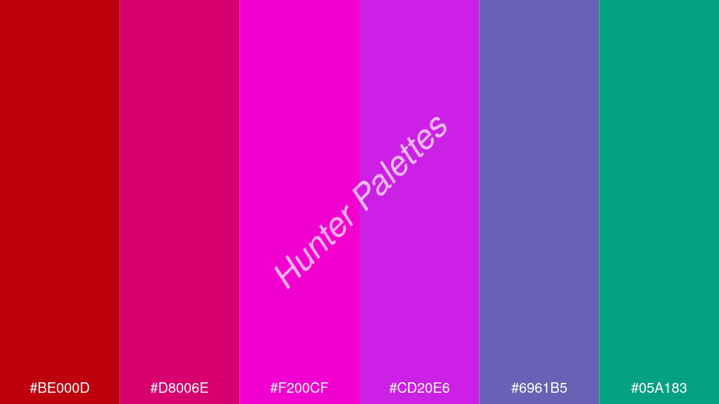 magenta szín palettája a következőkkel: #be000d #d8006e #f200cf #cd20e6 #6961b5 #05a183