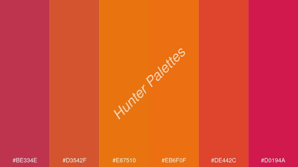 mandarin szín palettája a következőkkel: #be334e #d3542f #e87510 #eb6f0f #de442c #d0194a
