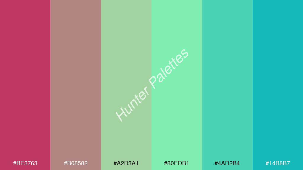 menta szín palettája a következőkkel: #be3763 #b08582 #a2d3a1 #80edb1 #4ad2b4 #14b8b7