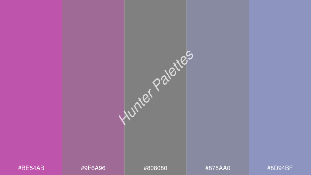 szürke szín palettája a következőkkel: #be54ab #9f6a96 #808080 #878aa0 #8d94bf