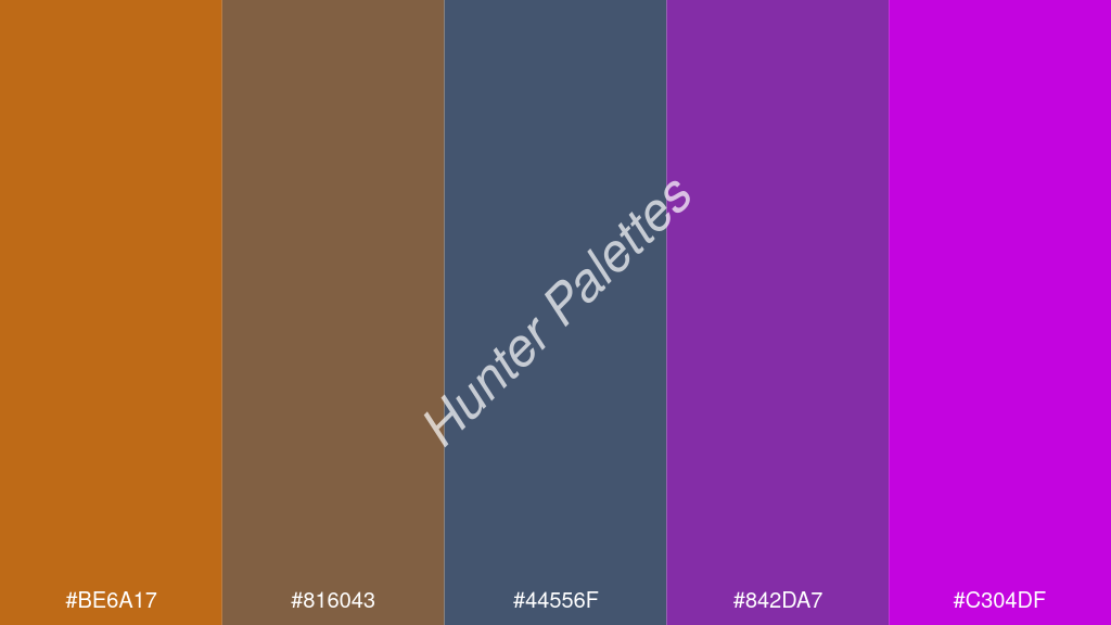 kékes szürke szín palettája a következőkkel: #be6a17 #816043 #44556f #842da7 #c304df