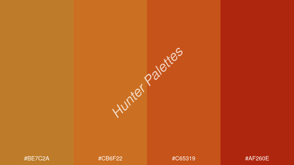 fahéj szín palettája a következőkkel: #be7c2a #cb6f22 #c65319 #af260e